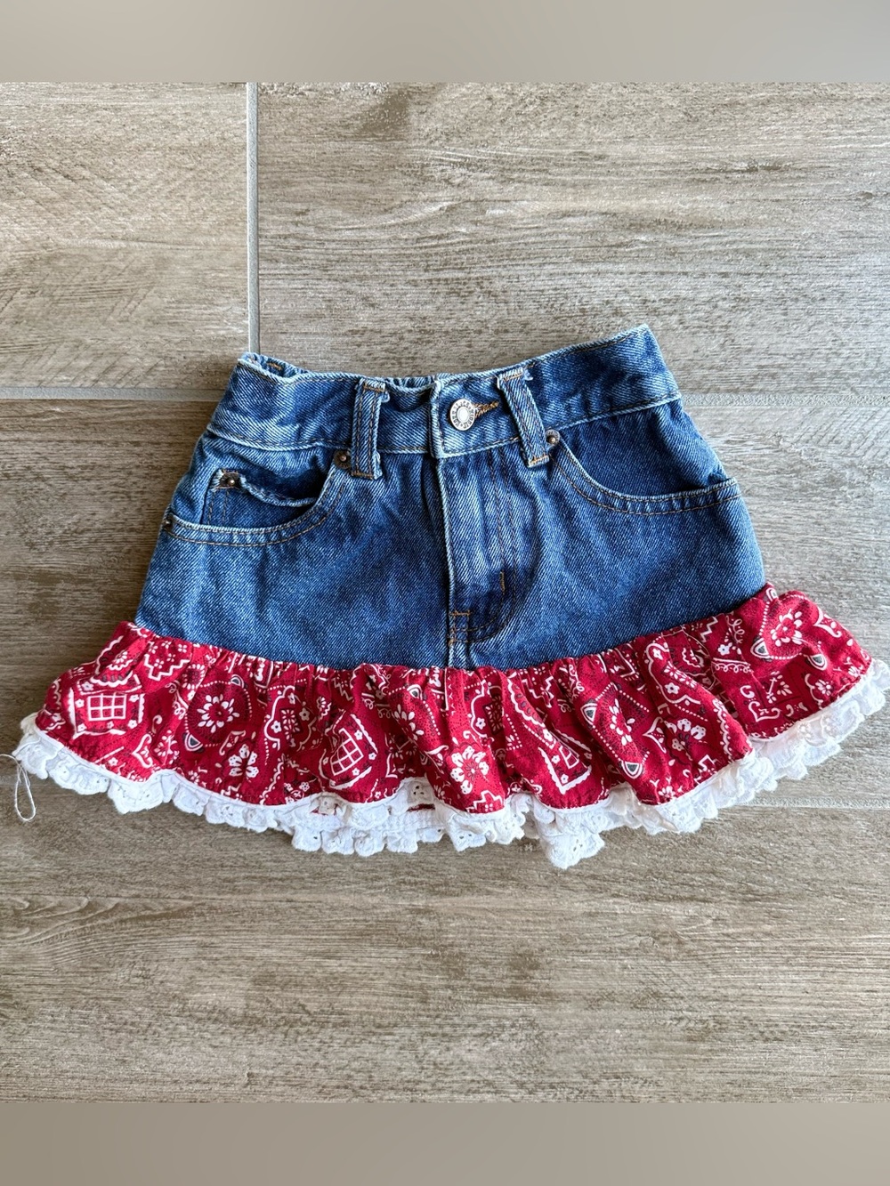 Kiddie Koral Denim and Red Bandana Ruffle Skirt for Girls size 3